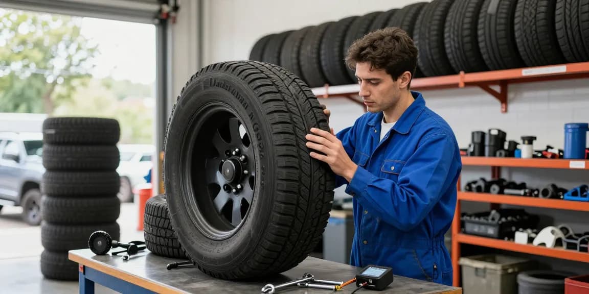 Mechanic inspecting Double Coin RR99 tire in well-lit garage.