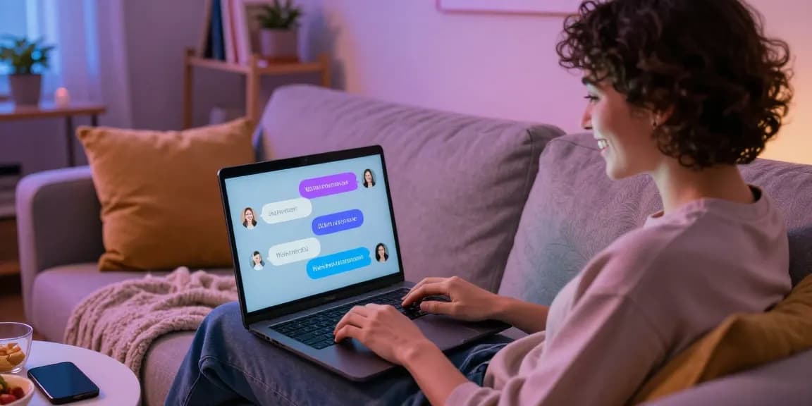 Person engaging with an nsfw chat bot on a laptop in a cozy home setting.