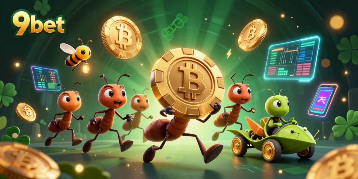 Experience the thrill of 9bet with ants heisting a giant poker chip amid dazzling digital assets.
