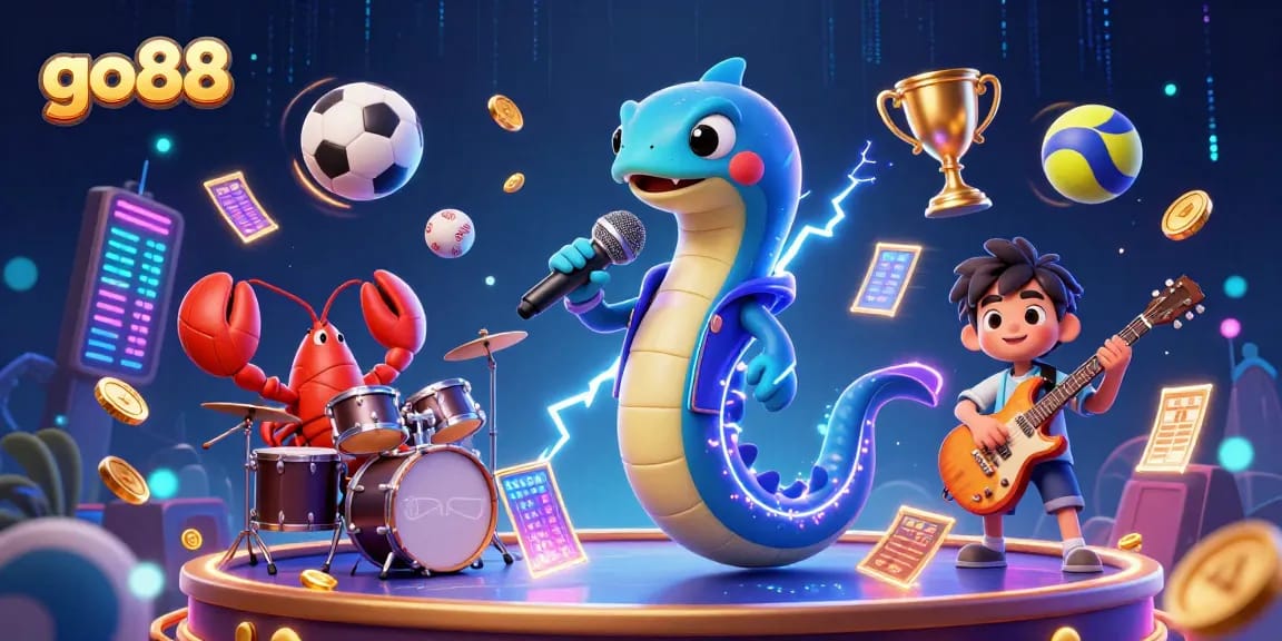 Experience the excitement of go88 with a vibrant underwater casino scene featuring an electric DJ eel.