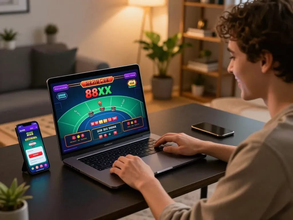 Player engaging with 88xx online blackjack on laptop, showcasing strategic gameplay.