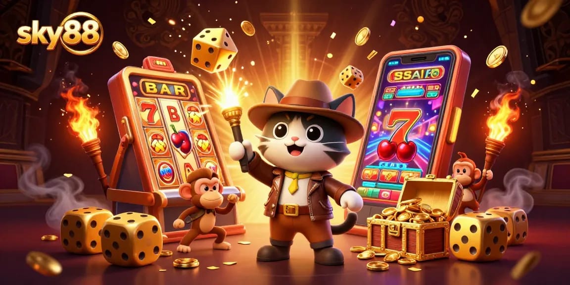 Experience sky88 with a cartoon archaeologist cat uncovering casino treasures in a vibrant temple scene.