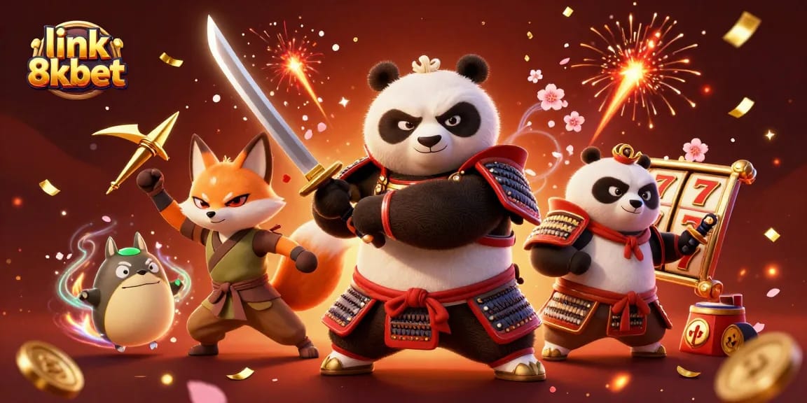 Engage with link 8xbet's exciting slot games featuring a vibrant panda samurai and ninja fox surrounded by golden shuriken and fireworks.