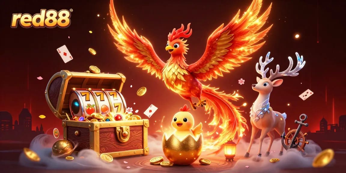 Experience thrilling gaming at red88 with a vibrant 3D illustration depicting a fire phoenix and dynamic slots.