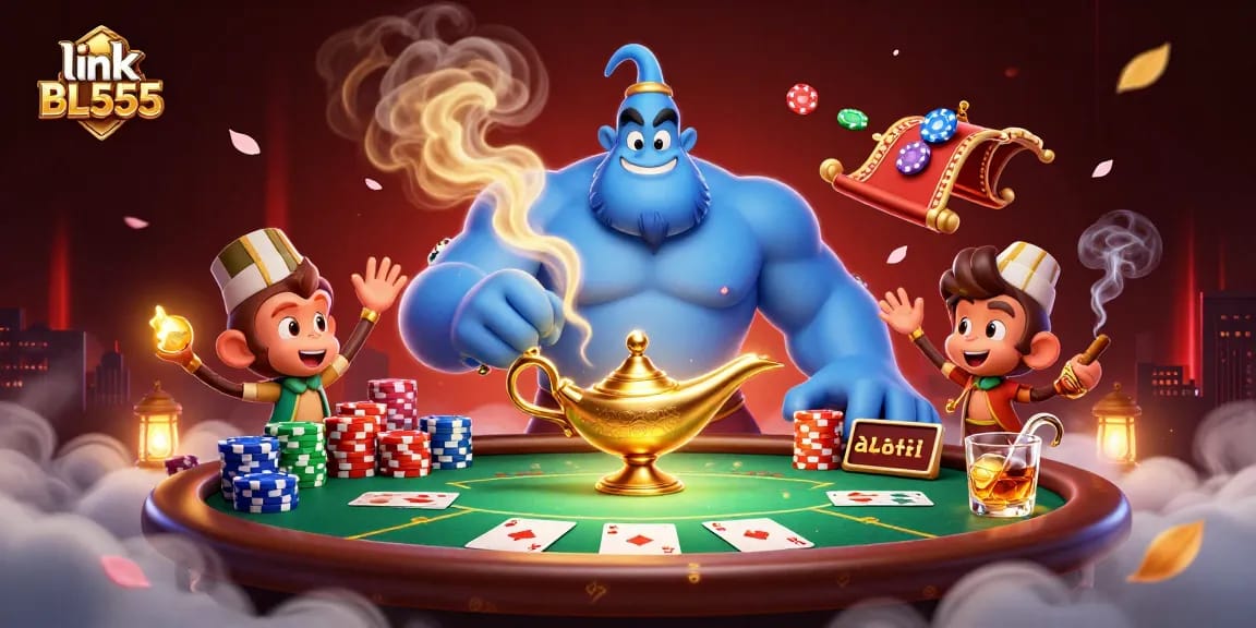 Experience the thrilling action with link BL555 while engaging in a lively poker scene featuring a magical genie.