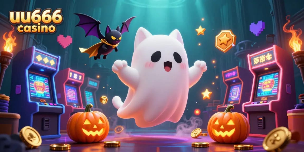 Experience excitement at uu666 casino with a ghost cat and vampire bat in a haunted 3D scene.