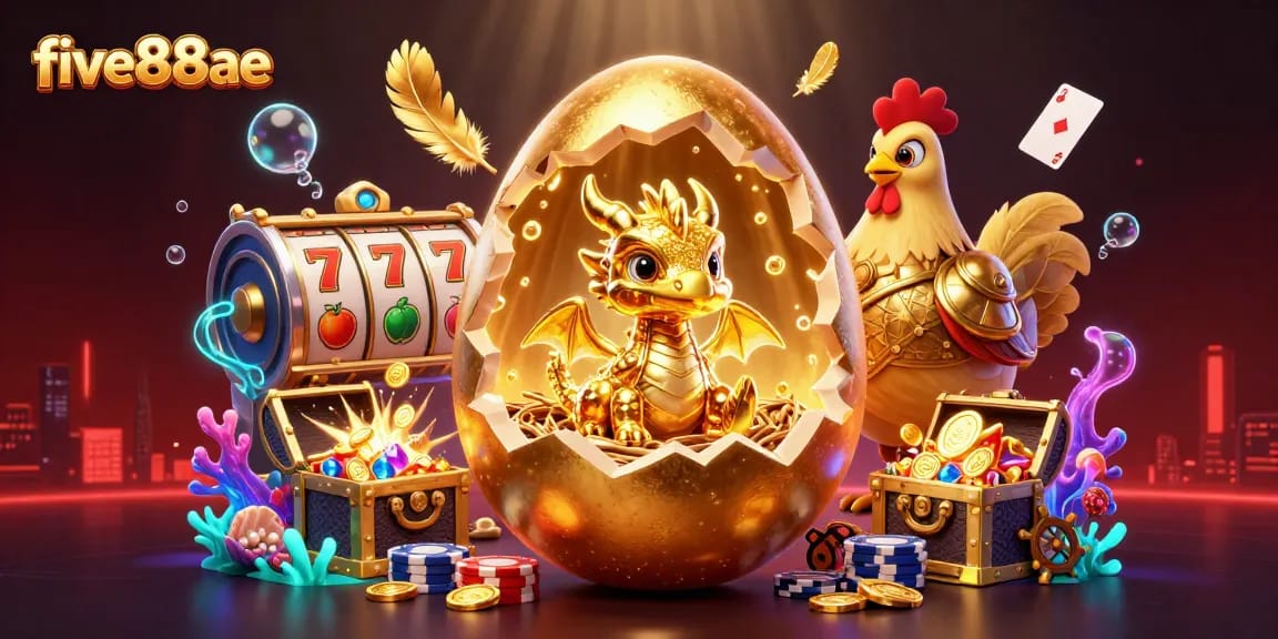 Experience the thrill at five88ae with vibrant casino elements and golden treasures in this captivating scene.