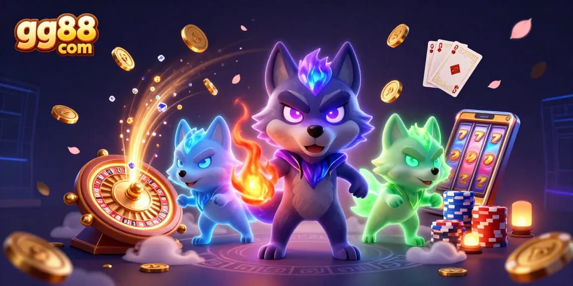 Win big with amazing slots at gg88 com, featuring vibrant 3D wolves and casino elements.
