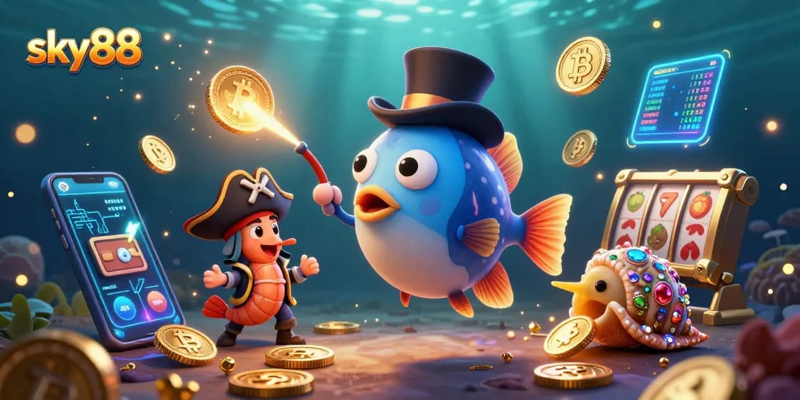 Play exciting games at sky88 with a cartoon anglerfish attracting coins in a vibrant underwater scene.
