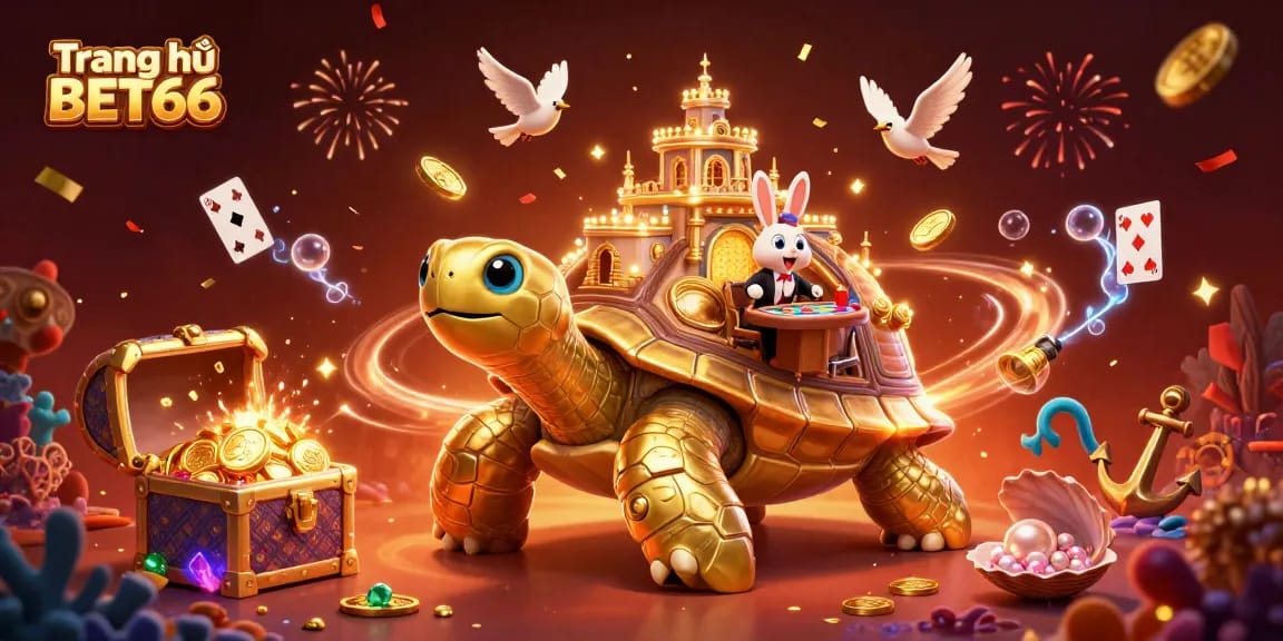 Engage with the exciting world of Trang chủ BET66 featuring a vibrant 3D casino scene with golden tortoise and celebratory elements.