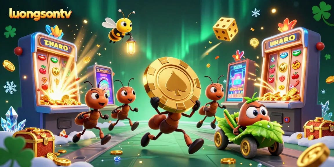 Clever ants maneuver through a tunnel carrying a massive poker chip for luongsontv, amidst a burst of casino symbols and riches.