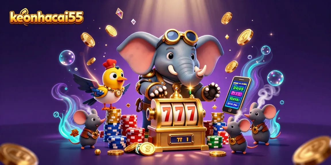 Spin the reels with keonhacai55, featuring steampunk action, golden coins, and vibrant poker chips.