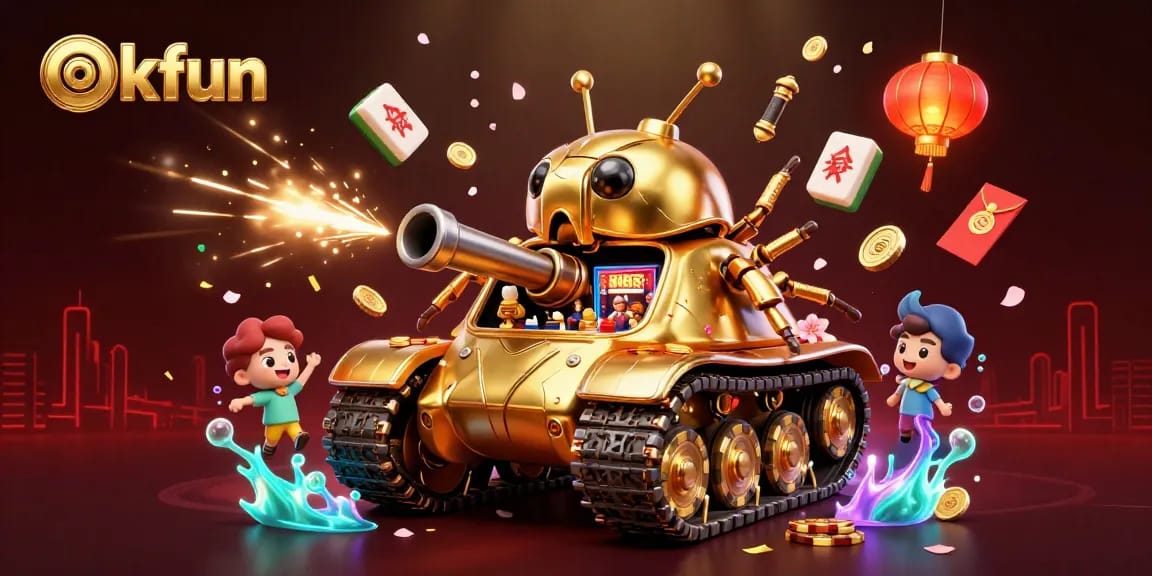 Engage with the exciting atmosphere of okfun's casino experience featuring vibrant scenes, slots, and festive decorations.