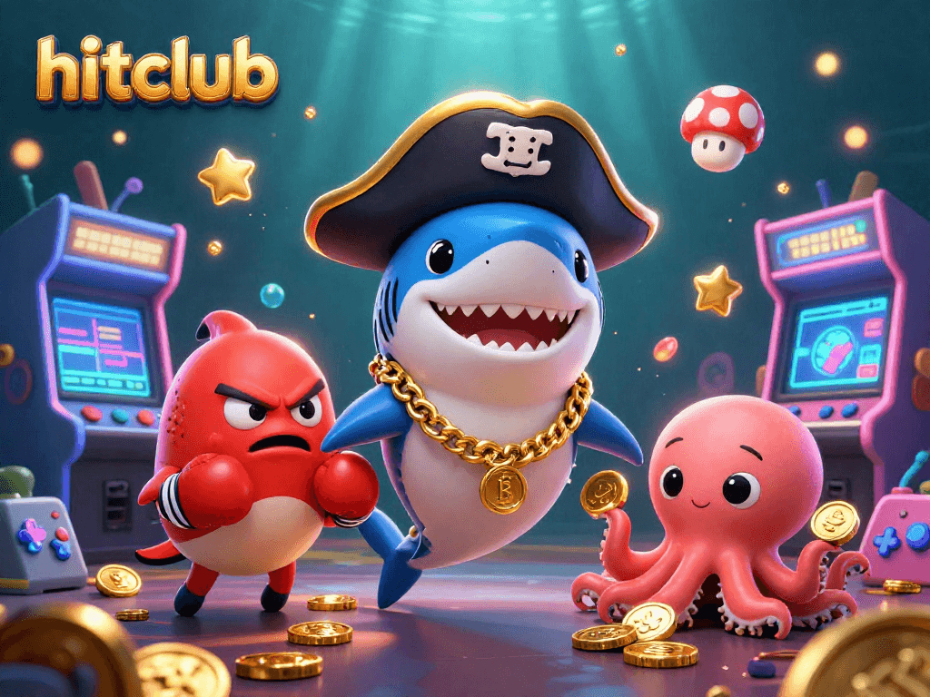 Experience thrilling fun at hitclub with vibrant gaming characters like a pirate shark, lots of golden coins, and casino elements.