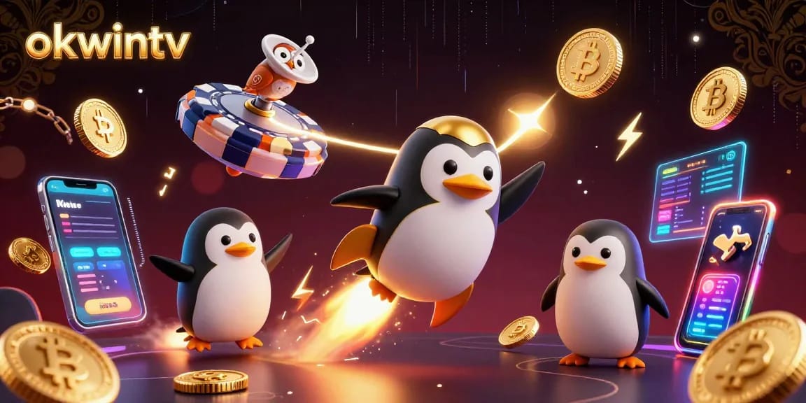 Engage with okwintv's exciting gaming space, featuring a rocket-powered penguin and glowing cryptocurrency coins!