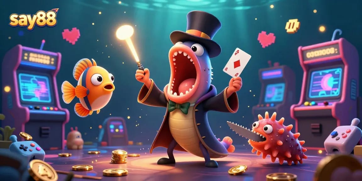 Experience thrilling gameplay at say88 with a vibrant 3D underwater casino theme, showcasing unique characters.