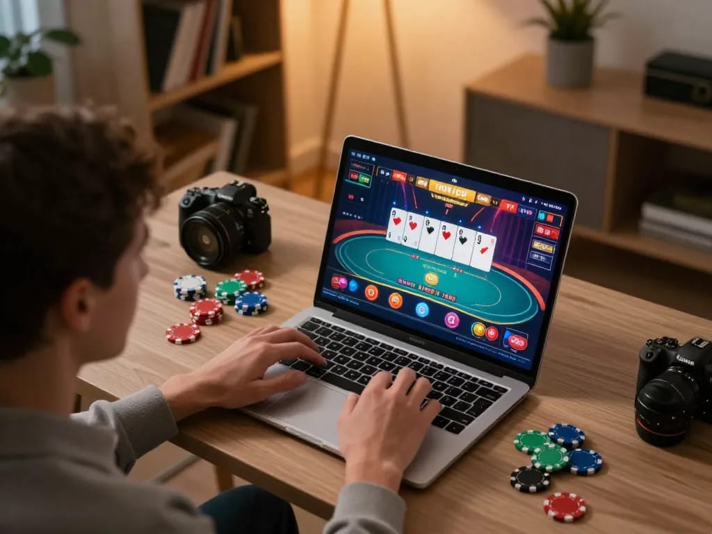 bet168 player engaging in online poker game with colorful chips and vibrant interface