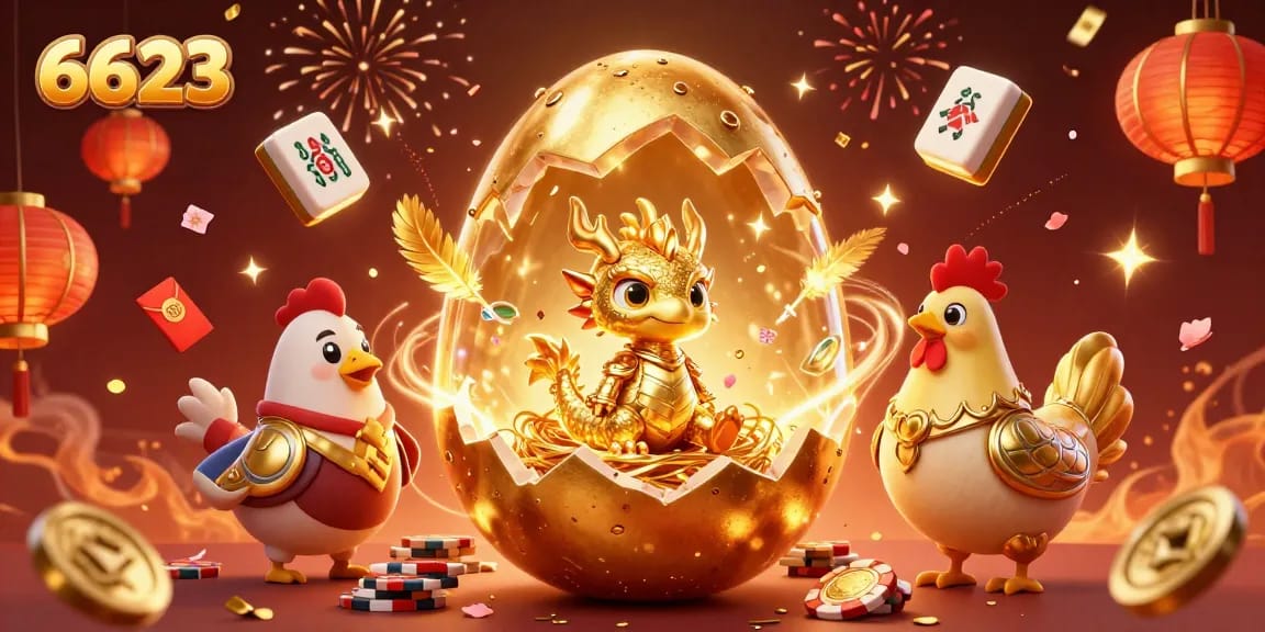Join the magical celebration at 6623 with a golden dragon and poker chips in a vibrant casino scene.