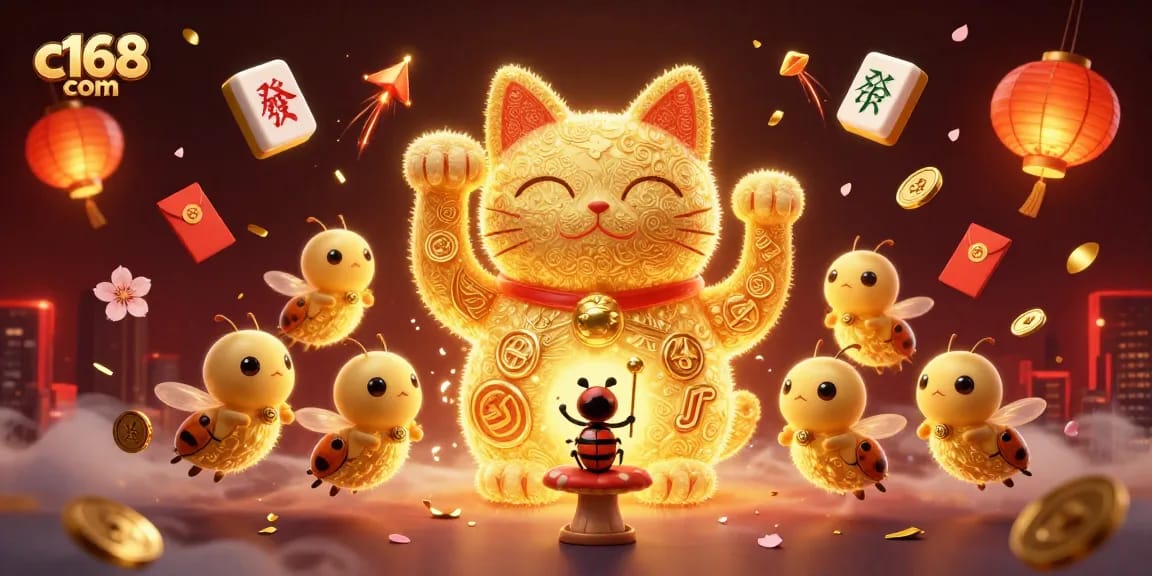 Experience enchanting wins at c168 com with a giant lucky cat and dynamic casino symbols.