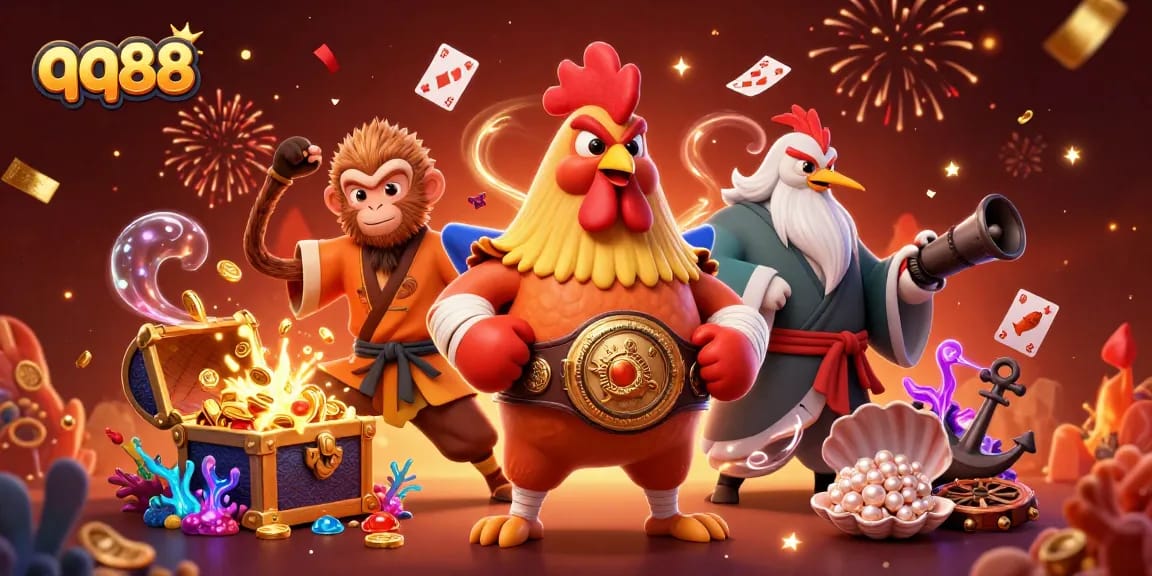 Experience excitement at qq88 with a lively battle scene of unique characters in a casino-themed setting.