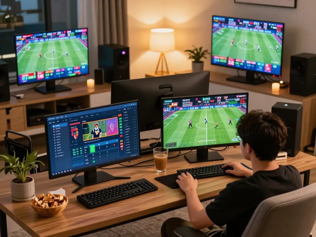 Xoilac live sports betting action on multiple screens in a cozy home environment