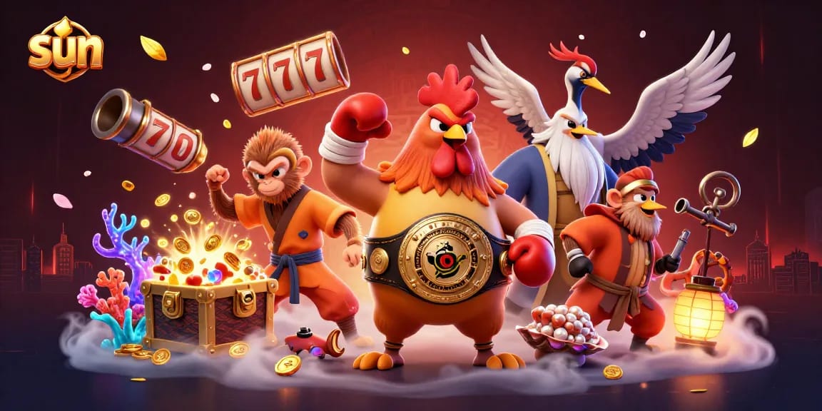Win big at sun-themed slots with a vibrant 3D casino illustration featuring dynamic characters and elements.