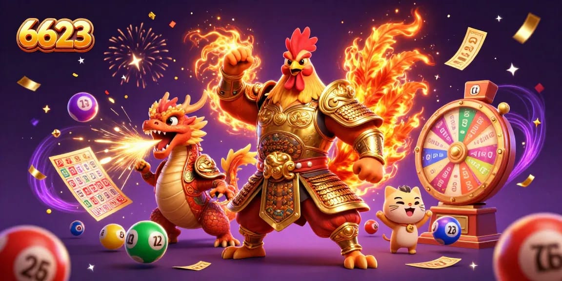 Engage with 6623's thrilling gaming experience through a vibrant, animated scene featuring a warrior and dragon.