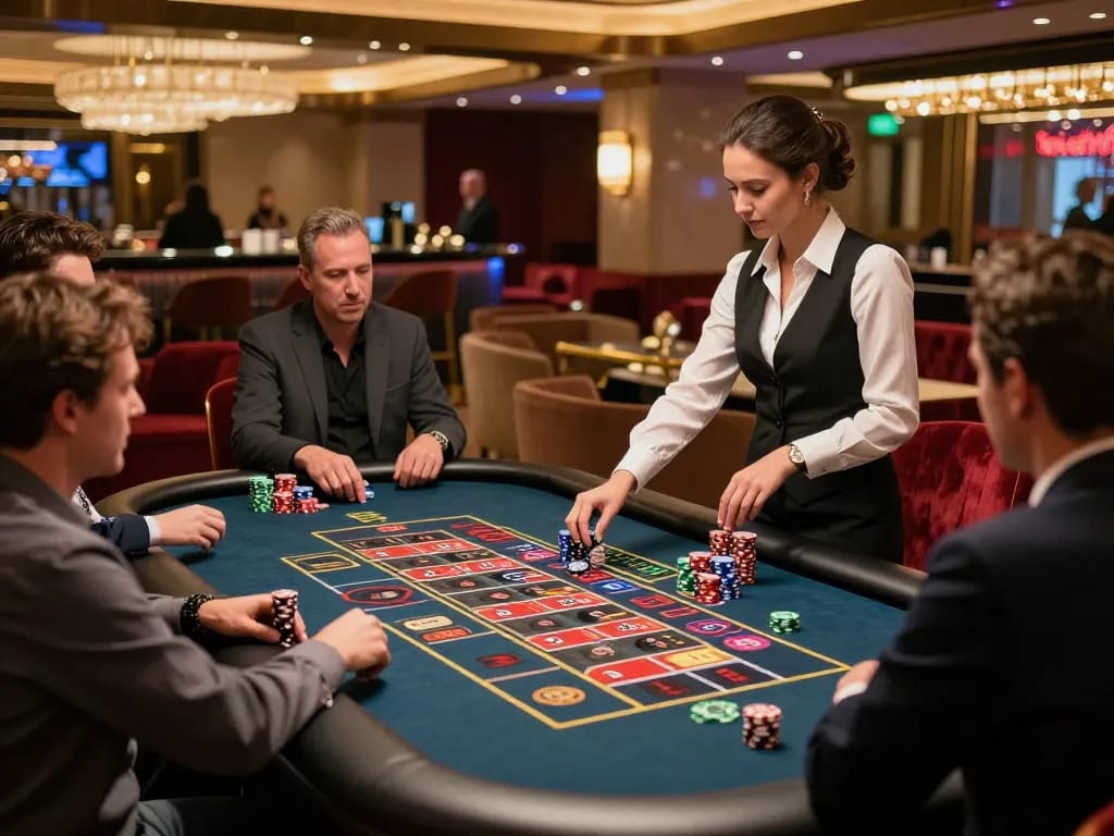 Players enjoying u888 roulette game at a luxury casino, chips stacked, excitement in the air.