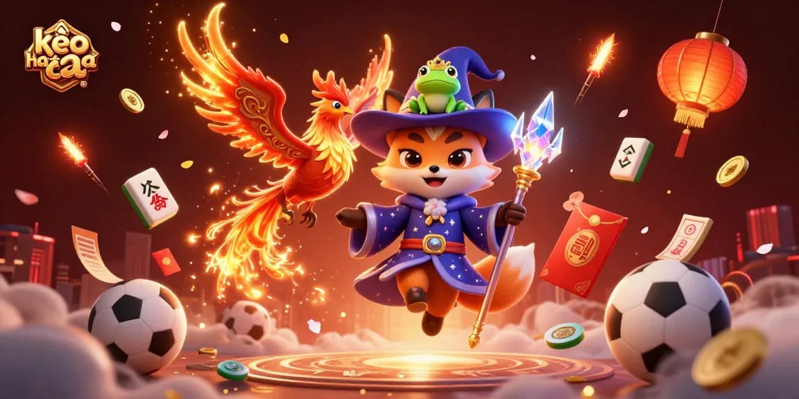 Engage with kèo nhà cái through an energetic 3D scene of sports betting and magical elements.