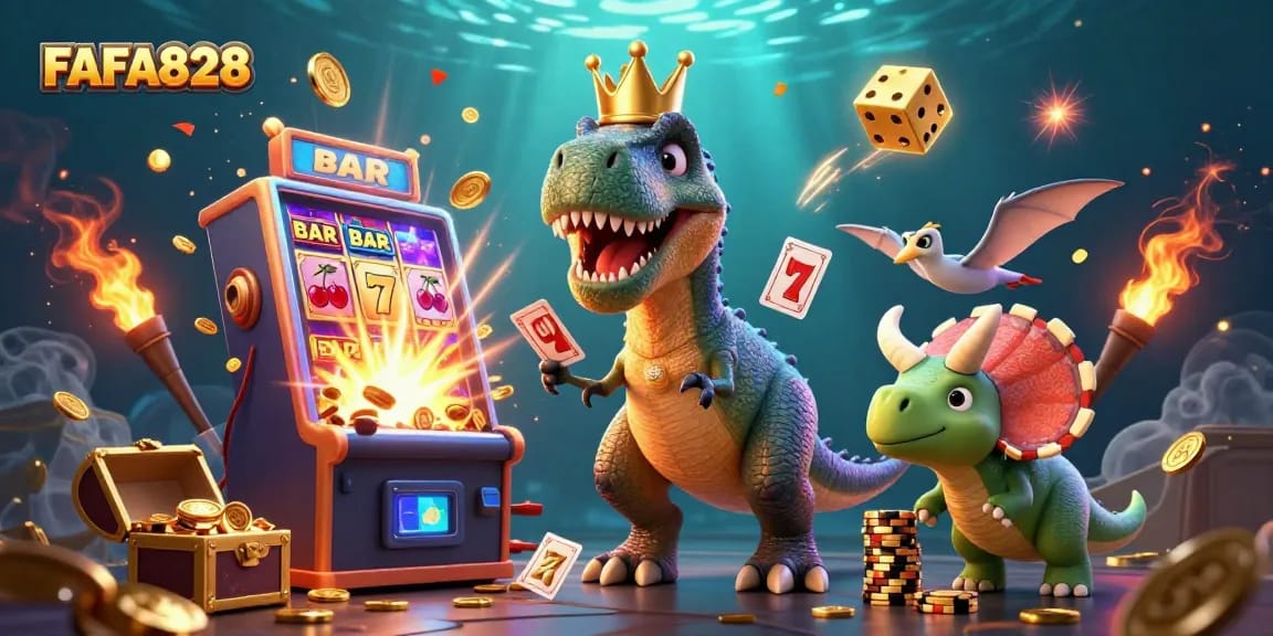 FAFA828 casino fun with T-Rex and friends shuffling cards and stacking chips.