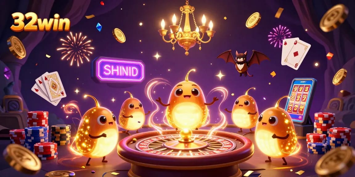 Experience 32win's exciting online casino with dazzling golden glowworms and vibrant games!