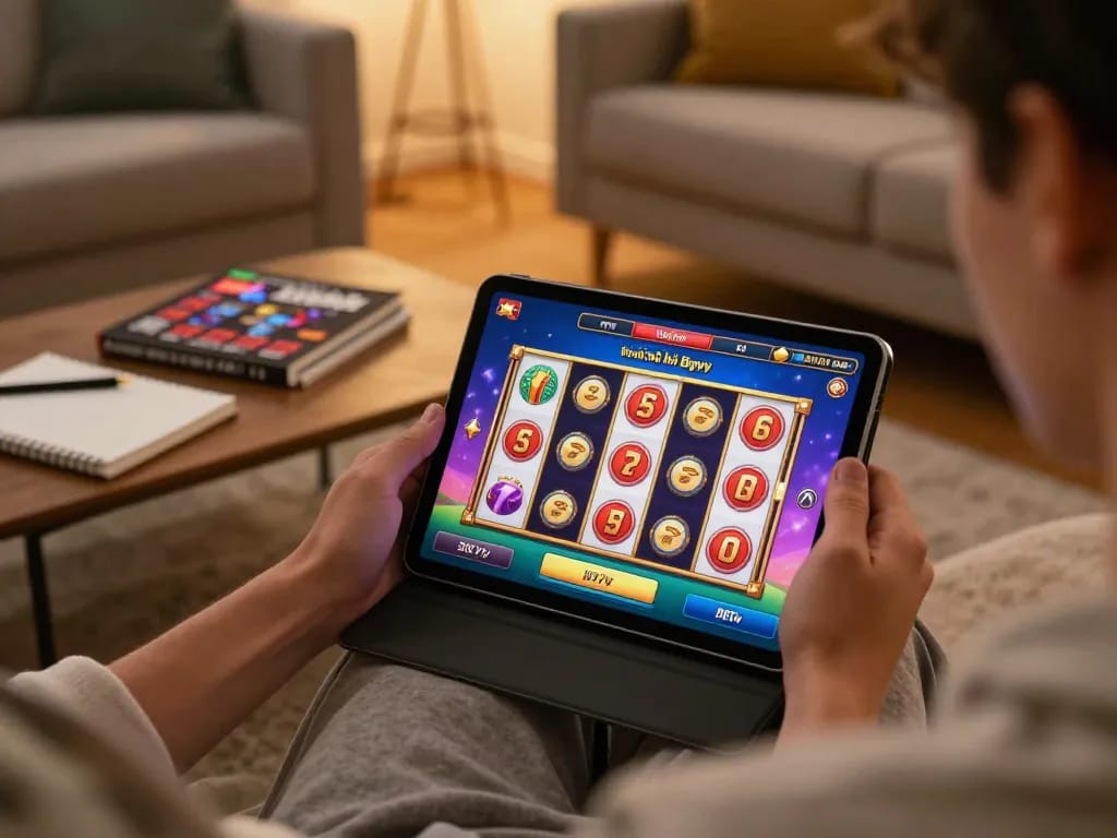 Nổ hũ 88vv gameplay on a tablet in a cozy home setup, featuring animated slot reels and strategic notes.