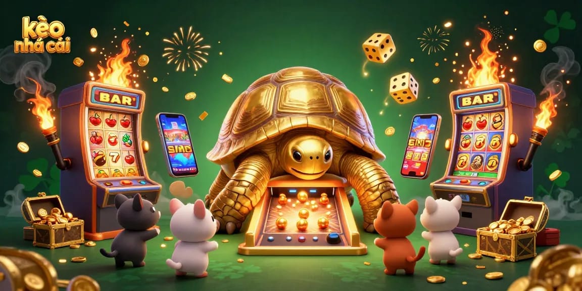 Experience kèo nhà cái excitement with a dynamic scene of a golden tortoise pinball machine amidst gambling frenzy.