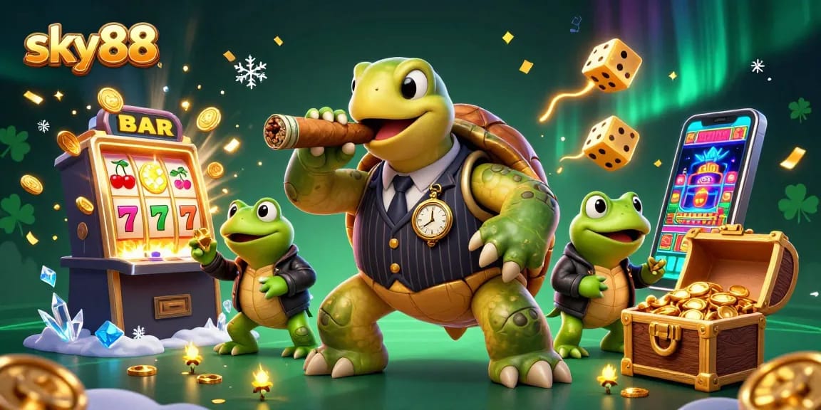 Spin the reels of sky88 with a vibrant, casino-themed illustration showcasing dynamic slot games and exciting winnings.
