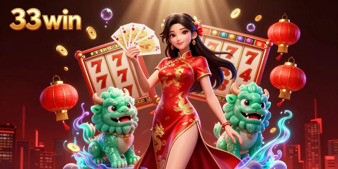 Engage with 33 win's exhilarating gambling scene featuring vibrant slot elements and decorative details.