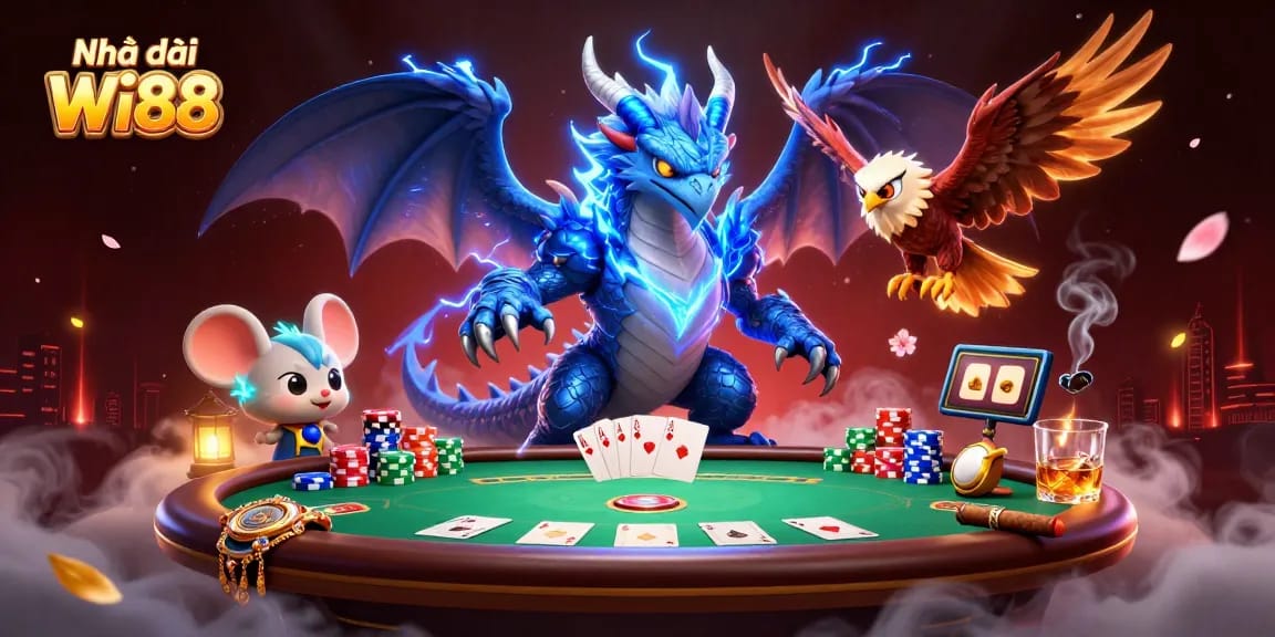 Engage with Nhà cái Wi88's dynamic scene featuring lively poker elements illustrated in rich 3D detail.