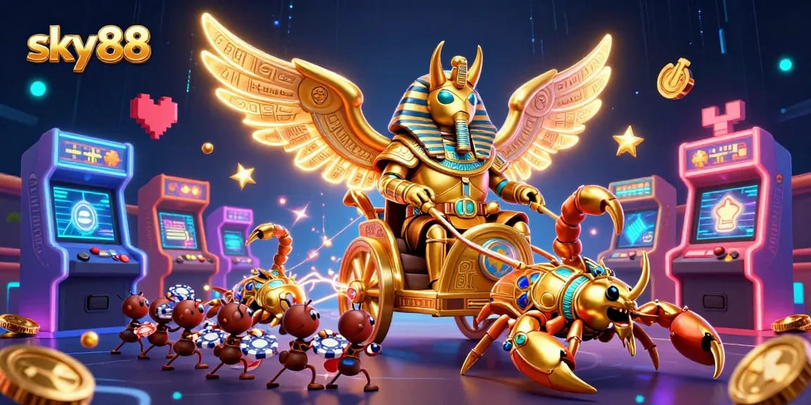 Sky88 players engaging with vibrant casino games in a dynamic 3D illustration.