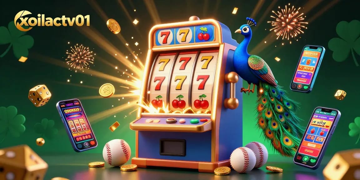 Play exciting games with xoilactv01, featuring a vibrant slot machine and dazzling casino elements.