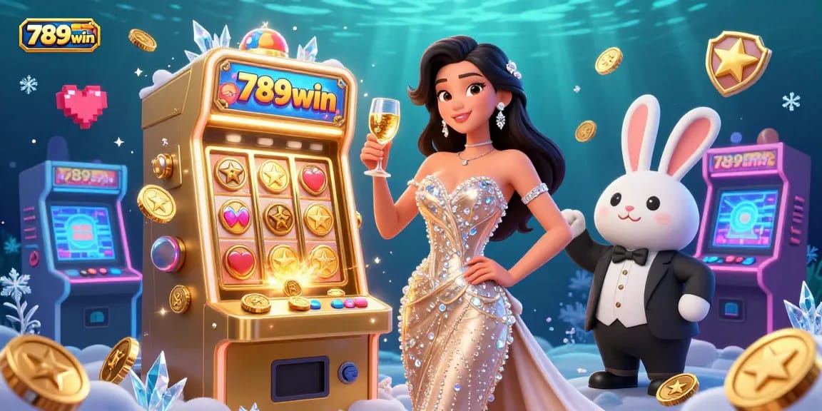 Experience the thrill of winning at 789win, with a glamorous celebration next to a jackpot slot machine.