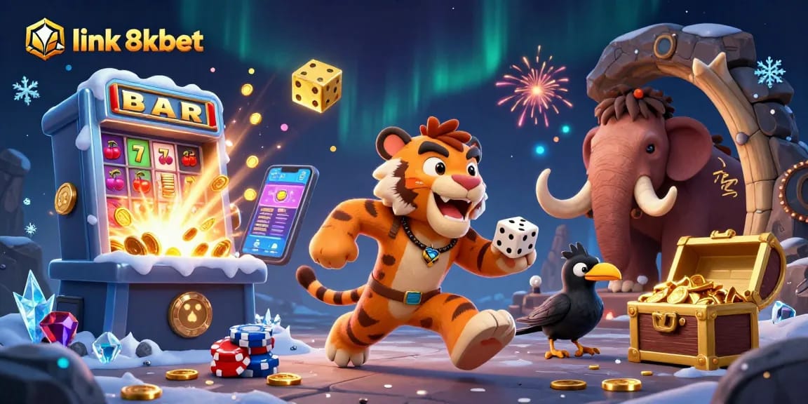 Experience the thrill at link 8xbet with a vibrant prehistoric casino scene featuring animated gambling elements.