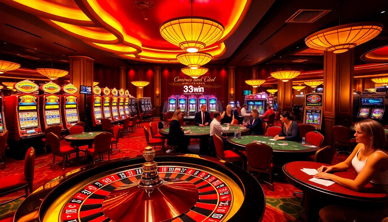 A bustling casino scene featuring players enjoying games and the thrill of gambling at 33win.property.