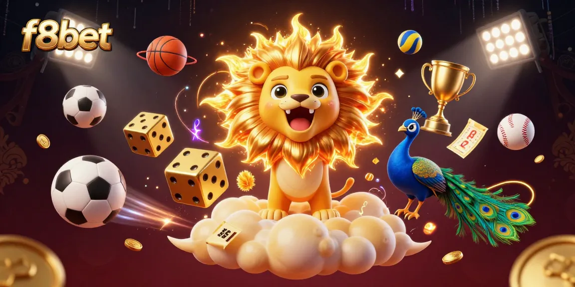 Experience exciting gameplay at f8bet with vibrant 3D illustrations of a roaring lion, golden dice, and dynamic sports elements.
