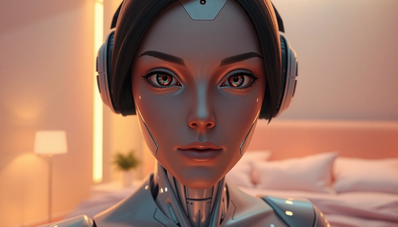 Futuristic sex bot with lifelike features in an intimate bedroom setting