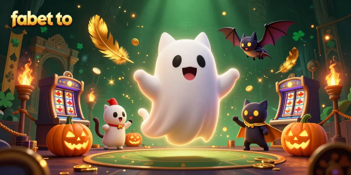 Experience thrilling fun and winning opportunities at fabet to with a playful scene of a friendly ghost cat and vampire bat in a casino.