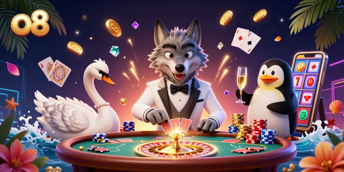 Play at O8 online casino with a debonair wolf and swan dealer amidst vibrant betting elements.