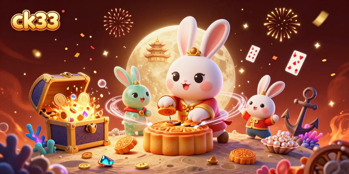 Experience ck33 excitement with a vibrant 3D scene of a moon rabbit celebrating with casino elements.