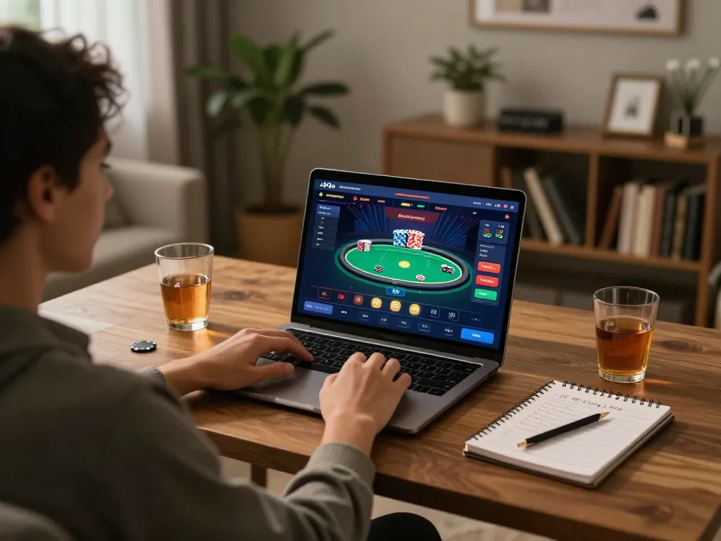 Engaging online gambling scene featuring 98win9 on a laptop with visible betting strategies.
