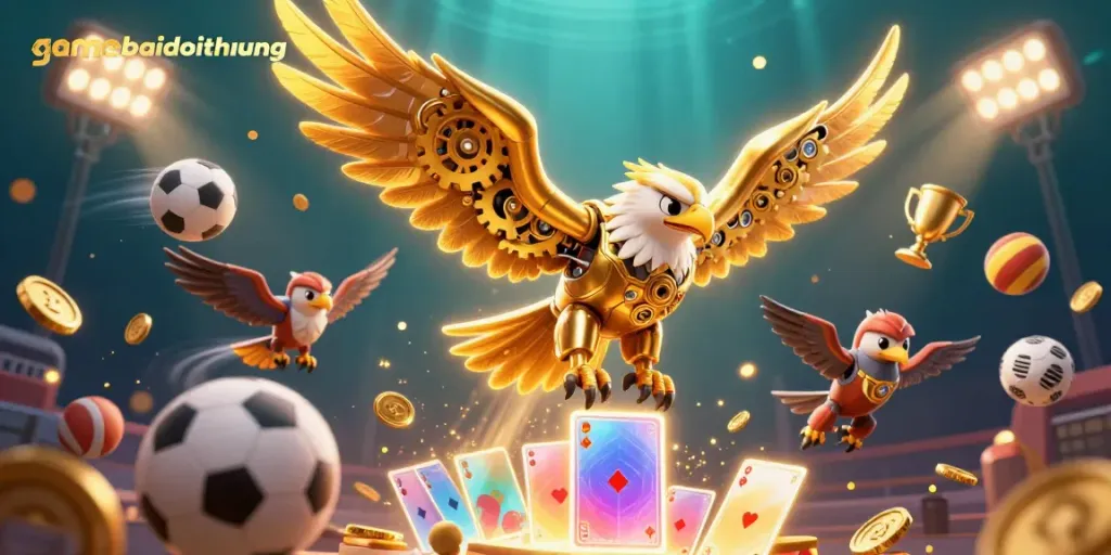 Experience the vibrant action of gamebaidoithuong with a cybernetic eagle amidst floating casino cards and sports elements.