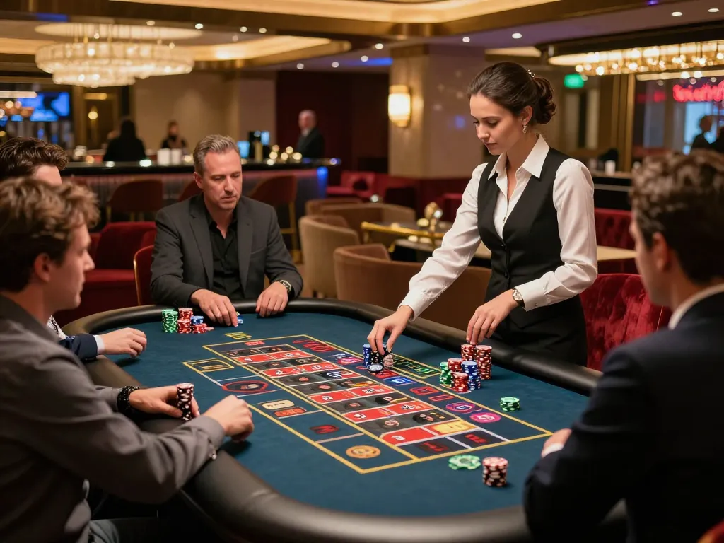 Players enjoying u888 roulette game at a luxury casino, chips stacked, excitement in the air.