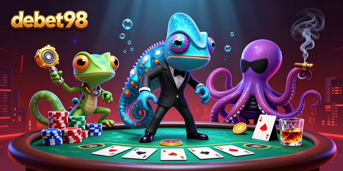 Engage with debet98 through a poker game scene featuring a vibrant 3D illustrated chameleon agent and a tech-gecko.